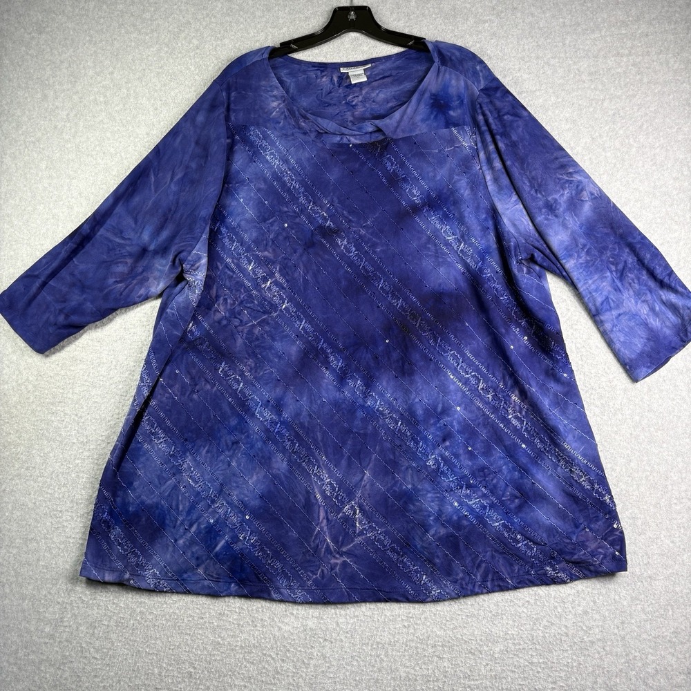 Catherines Tunic Top Women's 2X Blue‎ Tie Dye Sequin Key Hole Soft
